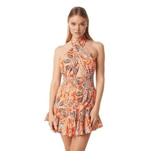 Misa Tula Mini Dress Tangerine Flora Halter Neck‎ Cotton Backless Ruffle L NWT